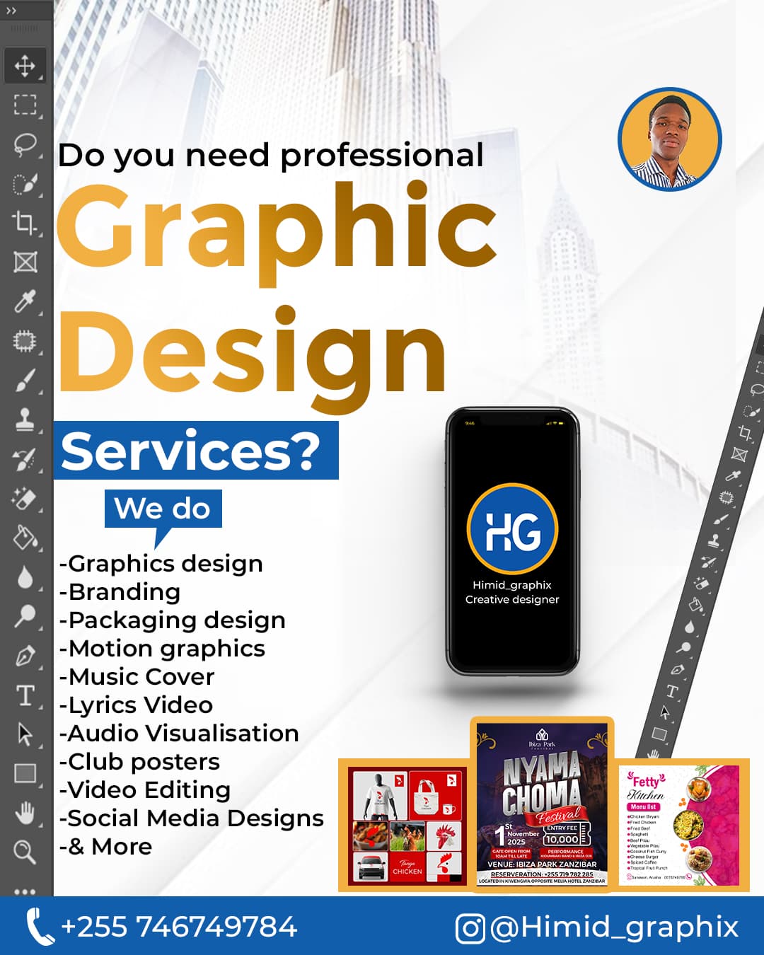 Himid Graphix services poster with large gold 'Graphic Design' type, a phone showing the HG logo and a list of services from branding to video editing.