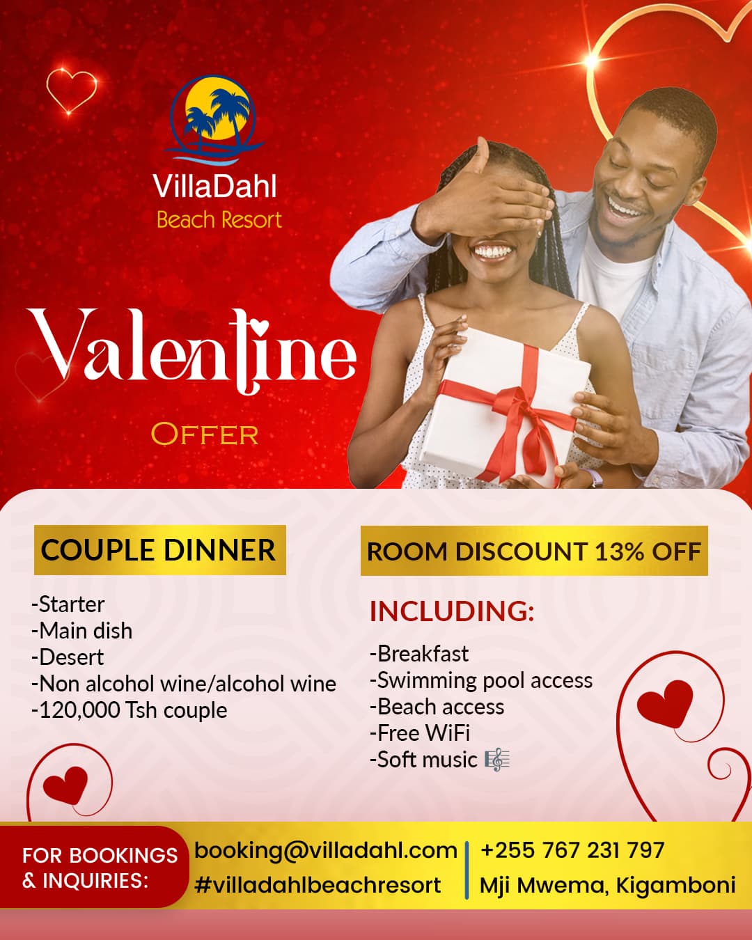 Red Valentine's poster for VillaDahl Beach Resort showing a couple with a gift, a couple-dinner menu at 120,000 TSh and a 13% room discount.