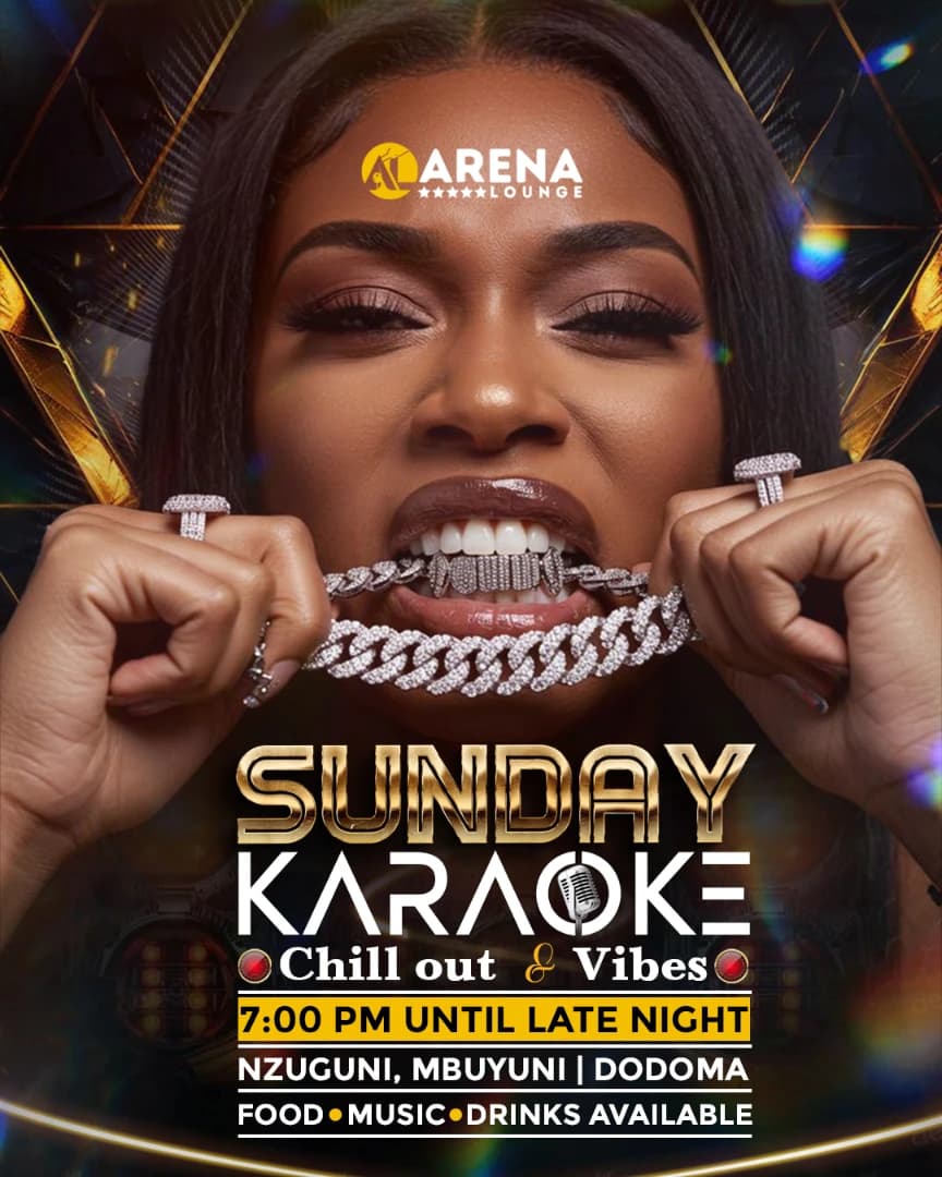 Arena Lounge Sunday Karaoke poster with a close-up portrait holding a diamond chain, gold 'Sunday' type and the 7 PM until late schedule.