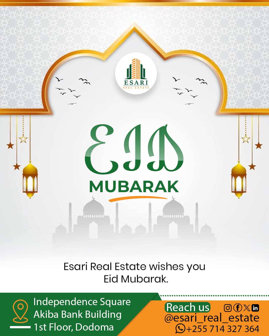 Esari Real Estate Eid Mubarak greeting with a gold arch, hanging lanterns, green calligraphic 'Eid' lettering and the Dodoma office address.